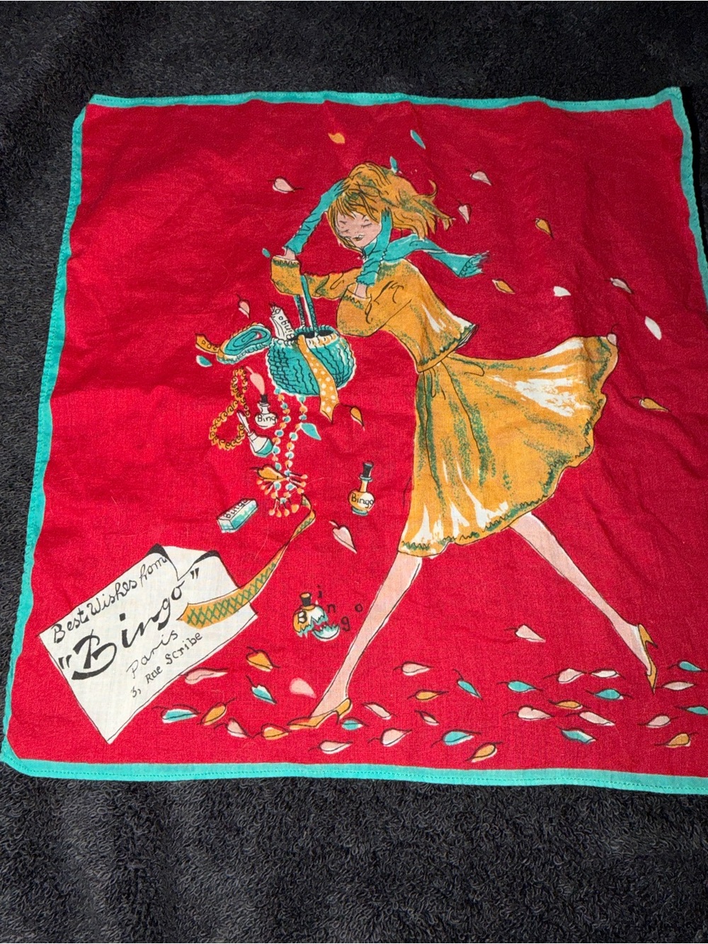 Vintage 1950s "Best Wishes from Bingo" Paris Lipstick Hankie